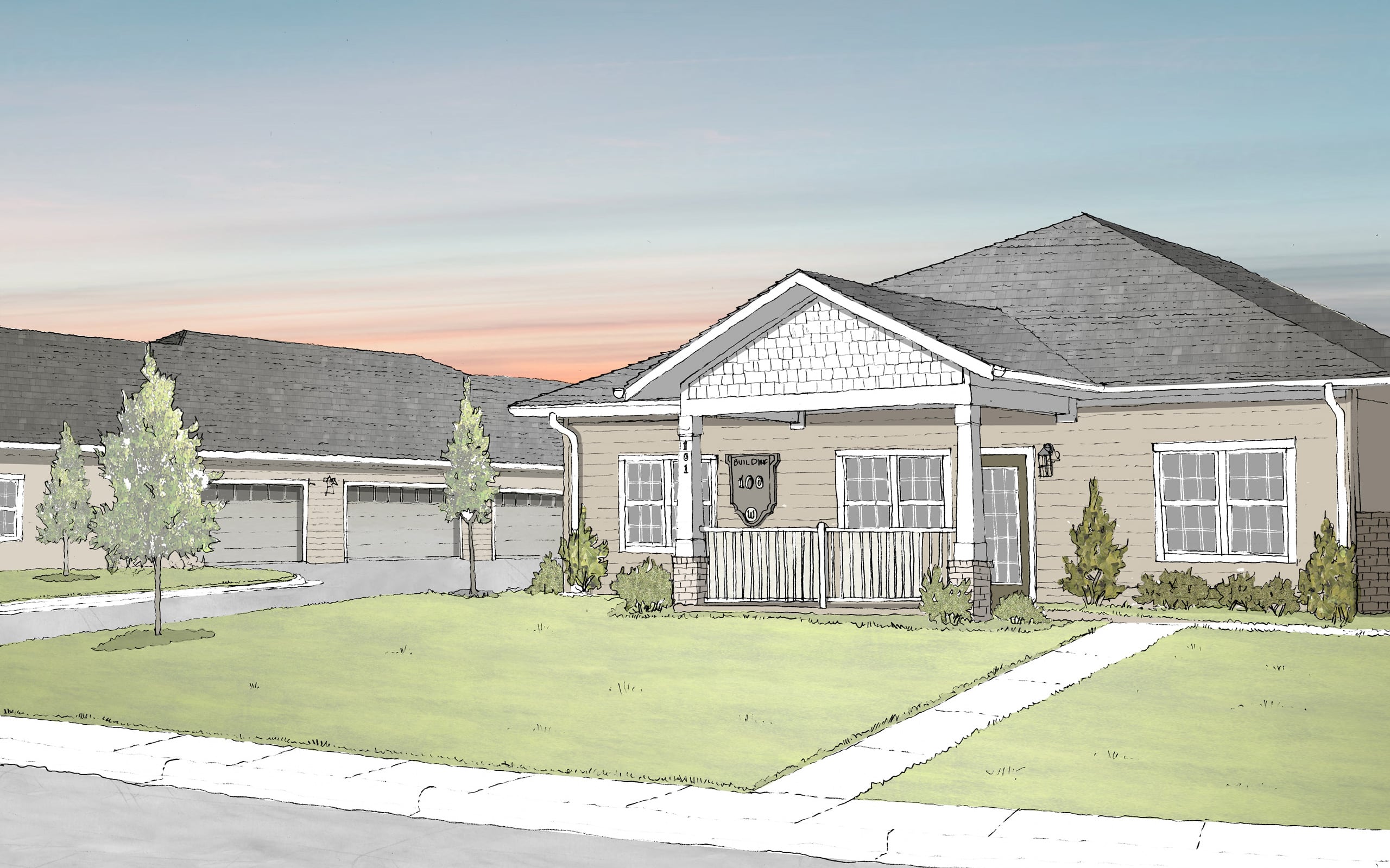 An artist’s rendering of the 1-story apartments with attached garages at Wayfare Cibolo Hills